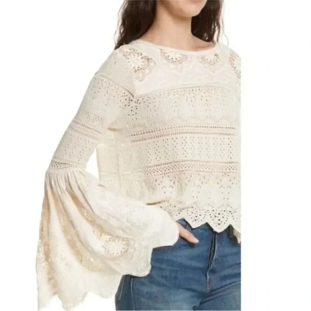 Free People Retro Love Crochet Lace Bell Sleeve Top Cream XS OB617651